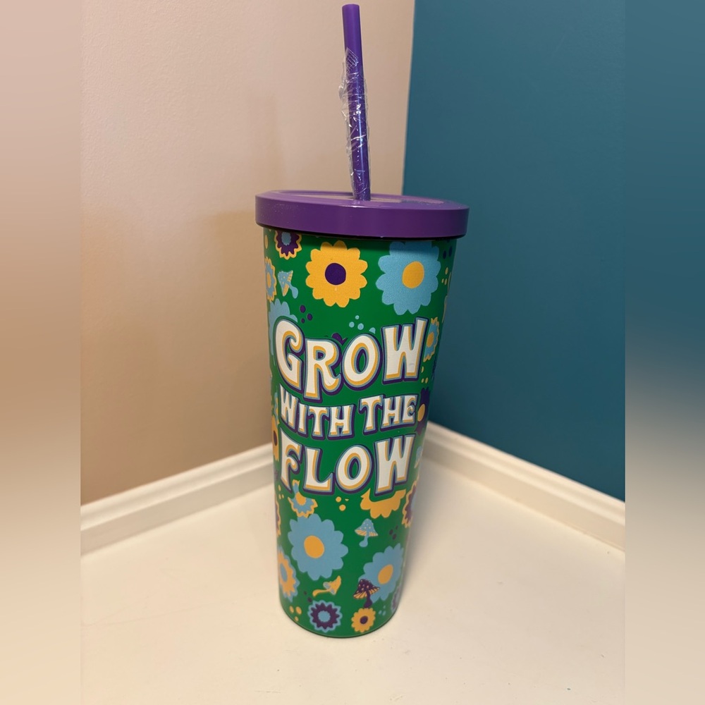Vibrant Floral Tumbler with Purple Lid - NWT